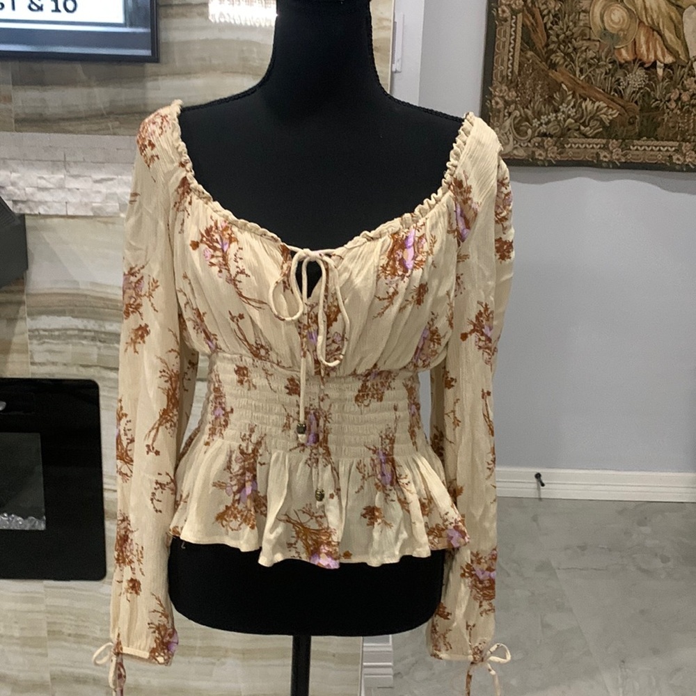 Rabbit Rose Floral Peasant Cinched‎ Waist Blouse Size M(266)